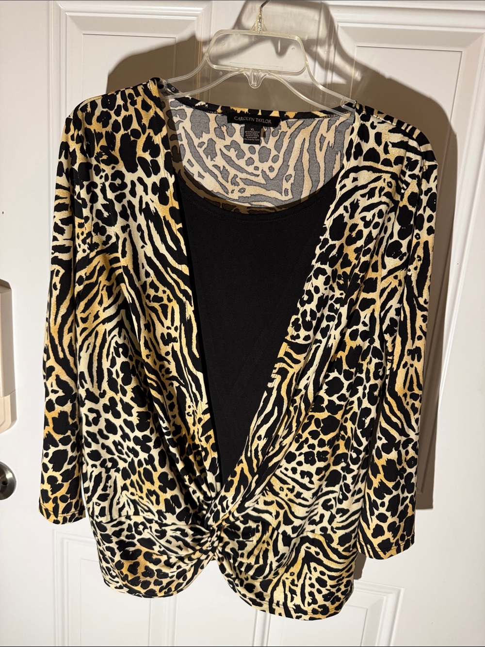 Carolyn Taylor Black with Tan & Cream Animal-Print Twist-Front Tunic
